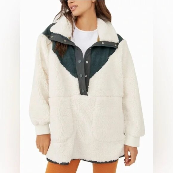Free People Fall To Rise Fleece Quarter Snap Sweater Ivory Green Size L - Picture 2 of 10